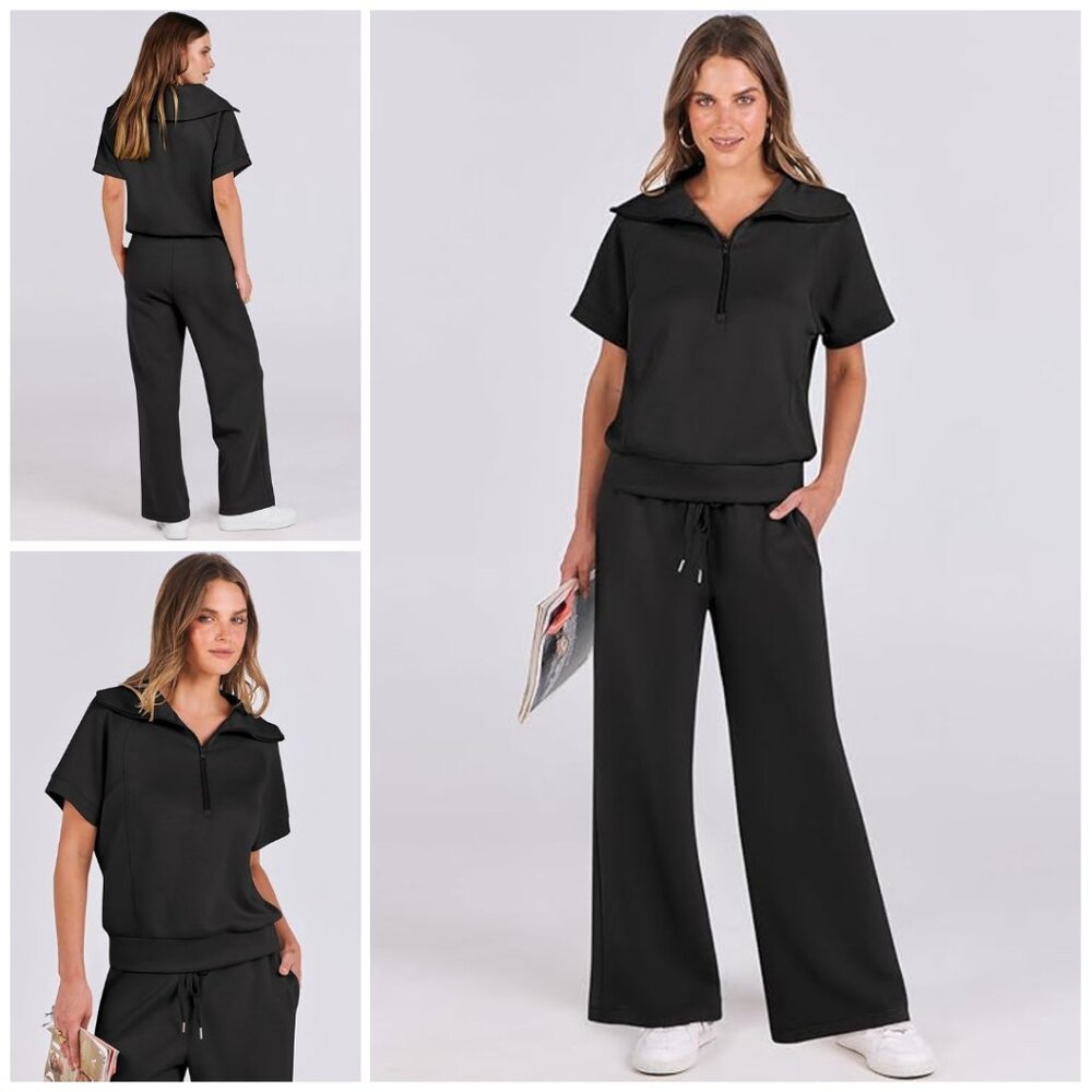 Women 2 Piece Sweatsuit Summer Half Zip Sweatshirt Wide Leg Pant Tracksuit